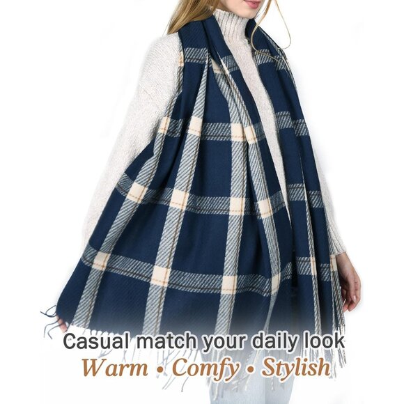 Winter Scarf Women's Shawl Cashmere Feel Tassel Plaid Oversized Scarves Navy - Picture 3 of 6